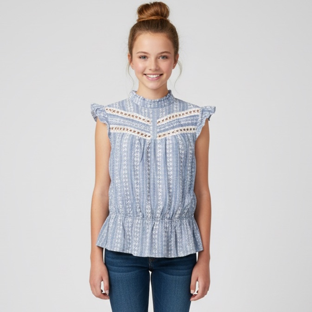 NEW YORK & COMPANY Embroidered Eyelet Peplum Top w/ Elastic waist EUC